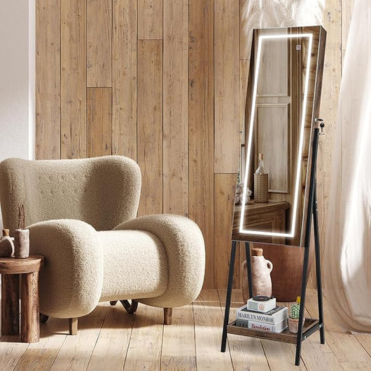 Armadietto Portagioie da Terra, Specchio Portagioie a 3 Colori LED, Specchio per Trucco con Altezza e Angolo Regolabile, Organizer per Gioielli con Ripiani e 2 Cassetti Interni (Industriale)