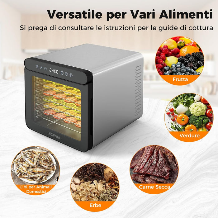 600W Essiccatore Alimentare, Disidratatore per Cibo in Acciaio Inox con 7 Vassoi Timer 24 Ore e Temperatura da 30-75℃, Accessori Inclusi, Disidratare per Carne Frutta Verdure