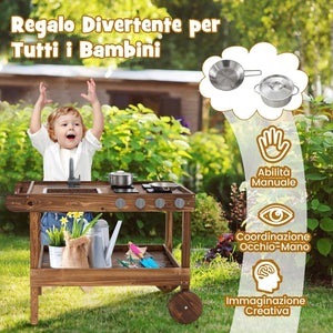 Cucina da Giardino Mobile, Cucina Giocattolo in Abete cinese per Bambini con Ruote Girevoli e Maniglia, Rubinetto e Lavandino Rimovibile, Fornelli e Manopole, Ideale per Bambini 3+ Anni