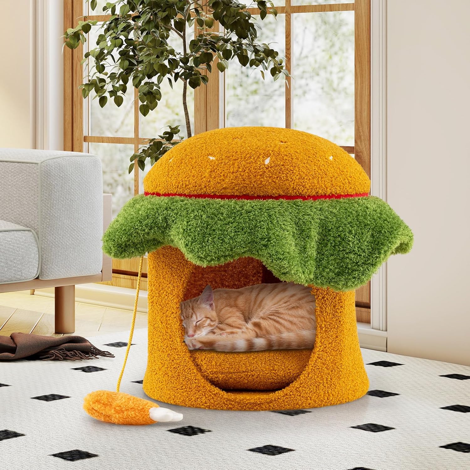Cuccia per Gatti Carino, Condominio per Gatti a Forma di Hamburger con Cuccia Imbottita, Giocattolo Morbido Sospeso e Cuscino Morbido Rimovibile e Lavabile, Casa per Gattini, 37 x 37 x 41 cm