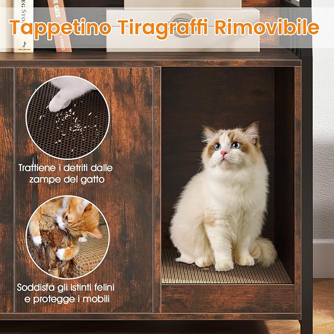 Mobile Lettiera per Gatti 80 x 40 x 132 cm, Credenza Soggiorno con Ripiani di Stoccaggio, Tiragraffi per Gatti, 2 Prese AC e Cuccia, Armadio Salvaspazio per Cuccia e Ingresso (Marrone)