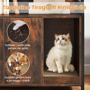 Mobile Lettiera per Gatti 80 x 40 x 132 cm, Credenza Soggiorno con Ripiani di Stoccaggio, Tiragraffi per Gatti, 2 Prese AC e Cuccia, Armadio Salvaspazio per Cuccia e Ingresso (Marrone)