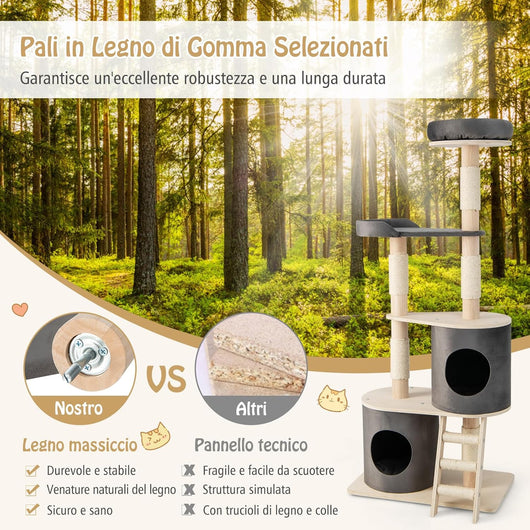 Albero Tiragraffi per Gatti, Tiragraffi per Gatti Multilivello con 2 Cucce Accoglienti, Trespolo in Tessuto Felpato, Piattaforma, Pali Tiragraffi e Scala con Rivestimento in Sisal