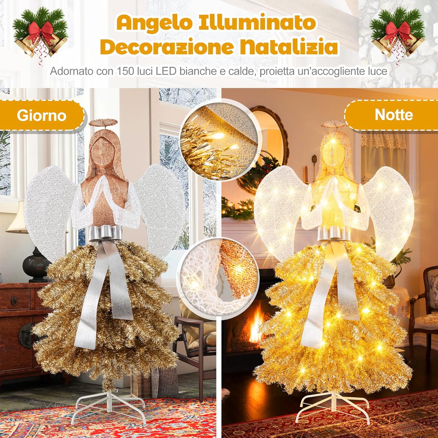 Angelo Natalizio Illuminato da Esterno 157 cm, Angelo 3D con 150 Luci Bianche Calde Pre-Illuminate, Decorazione Natalizia per Giardino, Cortile e Prato