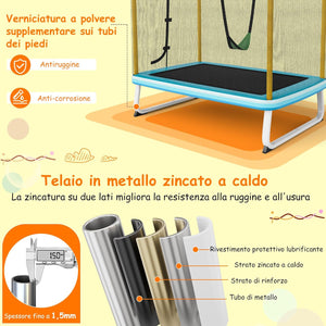 Trampolino Rettangolare per Bambini 3-in-1 190 x 124 cm, Tappetto Elastico per Bambini da Esterno ed Interno con Rete, Altalena, Barra, Copertura e Design senza Fessure