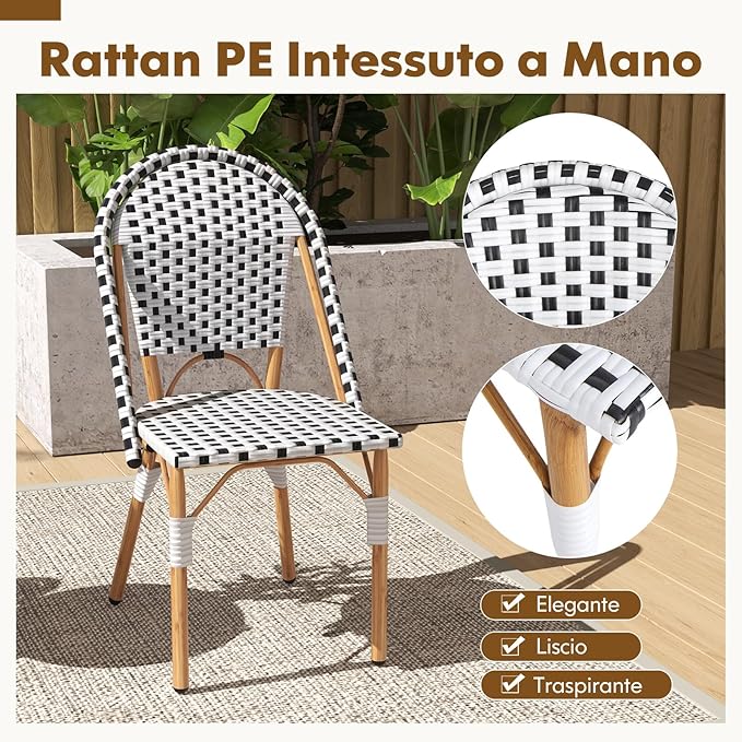 Set di 2 Sedie da Bistrot, Sedia da Pranzo Senza Braccioli con Rattan Intrecciato, Sedia da Giardino con Telaio in Metallo Zincato, Portata 150 kg, 56,5 x 41 x 88,5 cm