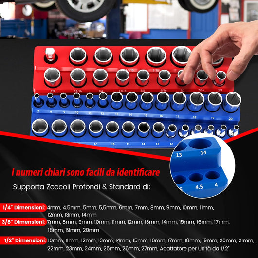 6 Pezzi Set di Supporti Magnetici per Punte delle Chiavi a Bussola, Organizer per Punte con Unità da 2,5/10cm, 7,5/20cm e 2,5/10cm, Rosso SAE e Blu Metrico