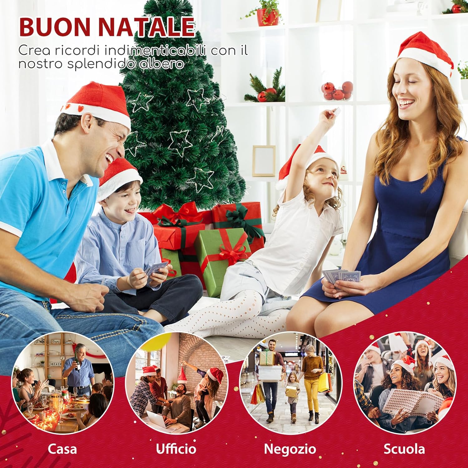 Albero di Natale in Fibra Ottica 150/180 cm, Albero di Natale Artificiale Pre-illuminato con 24/36 Luci a Stringa, Stella sulla Cima e 170/230 Punte dei Rami, Decorazione per Feste (150 CM)