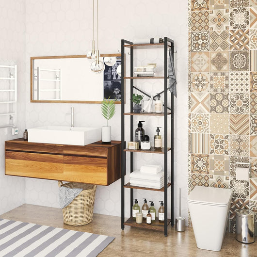 Scaffale a 6 livelli, Libreria, Mensola a gradini, Alto 182 cm, Telaio in Metallo, Stile Industriale, per Soggiorno, Studio, Ufficio, Cucina, Retro marrone e nero HBC001H