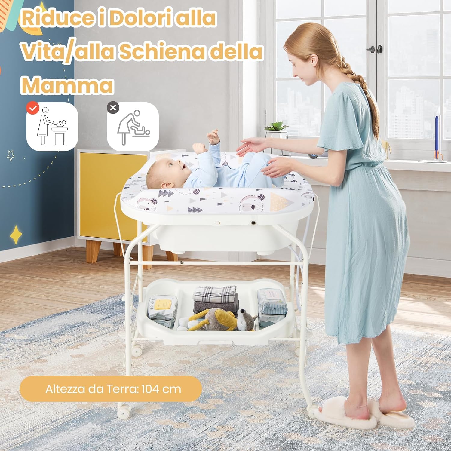 Fasciatoio con Vaschetta per Bambini, Vasca da Bagno per Neonati, Fasciatoio Pieghevole con Materassino, Cestino Portaoggetti, Ruote con Freno, Portata 35kg+15kg (Bianco)