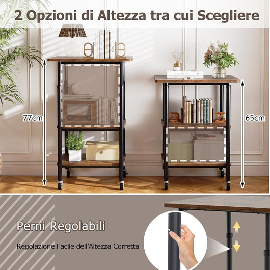 Supporto per Stampante, Carrello Stampante a 3 Livelli con Ripiani di Stoccaggio e Ruote con Blocco, Altezza Regolabile, per Stampante 3D Scanner Fax, 49 x 40 x 65/77 cm (Marrone)