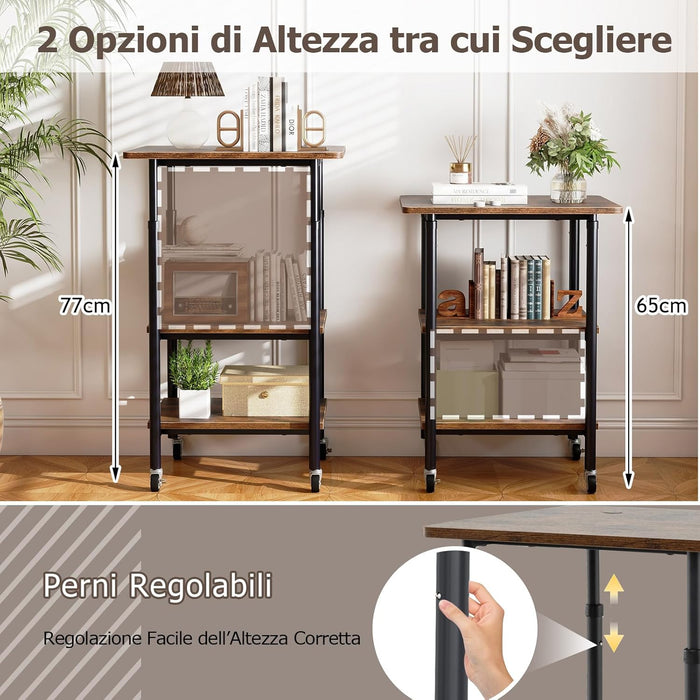 Supporto per Stampante, Carrello Stampante a 3 Livelli con Ripiani di Stoccaggio e Ruote con Blocco, Altezza Regolabile, per Stampante 3D Scanner Fax, 49 x 40 x 65/77 cm (Marrone)