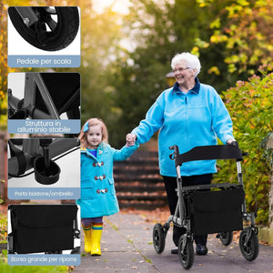 Deambulatore con Seduta 2 in 1, Rollator Pieghevole per Anziani con 4 Ruote, Maniglie Regolabili in Altezza 81-94cm, Portaombrelloni e Borsa Portaoggetti, Carico Massimo 160 kg (Nero)