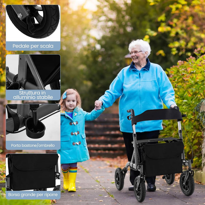 Deambulatore con Seduta 2 in 1, Rollator Pieghevole per Anziani con 4 Ruote, Maniglie Regolabili in Altezza 81-94cm, Portaombrelloni e Borsa Portaoggetti, Carico Massimo 160 kg (Nero)
