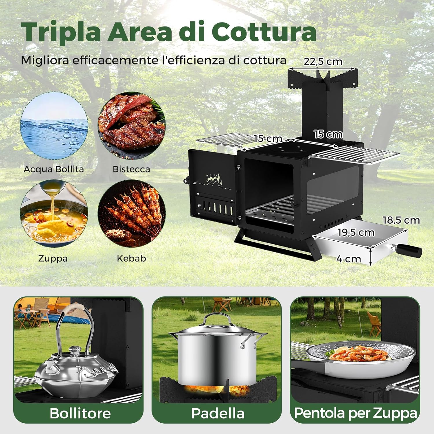 Barbecue a Carbonella, Stufa a Legna Portatile con Porta Pentole, Teglia da Forno e 2 Griglie, Grill da Esterno per Campeggio e Viaggio in Camper, Escursioni, 54 x 36 x 44 cm