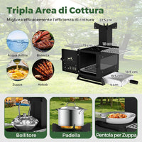 Barbecue a Carbonella, Stufa a Legna Portatile con Porta Pentole, Teglia da Forno e 2 Griglie, Grill da Esterno per Campeggio e Viaggio in Camper, Escursioni, 54 x 36 x 44 cm