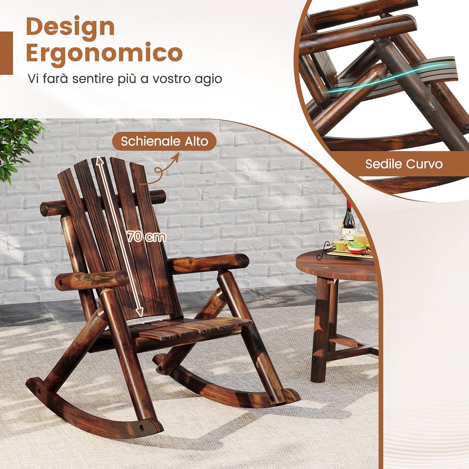 Sedia a Dondolo Adirondack da Esterno, Poltrona da Relax in Legno Giardino, Schienale Alto e Seduta a Doghe, Sedia da Patio per Balcone Cortile, Portata 150 kg