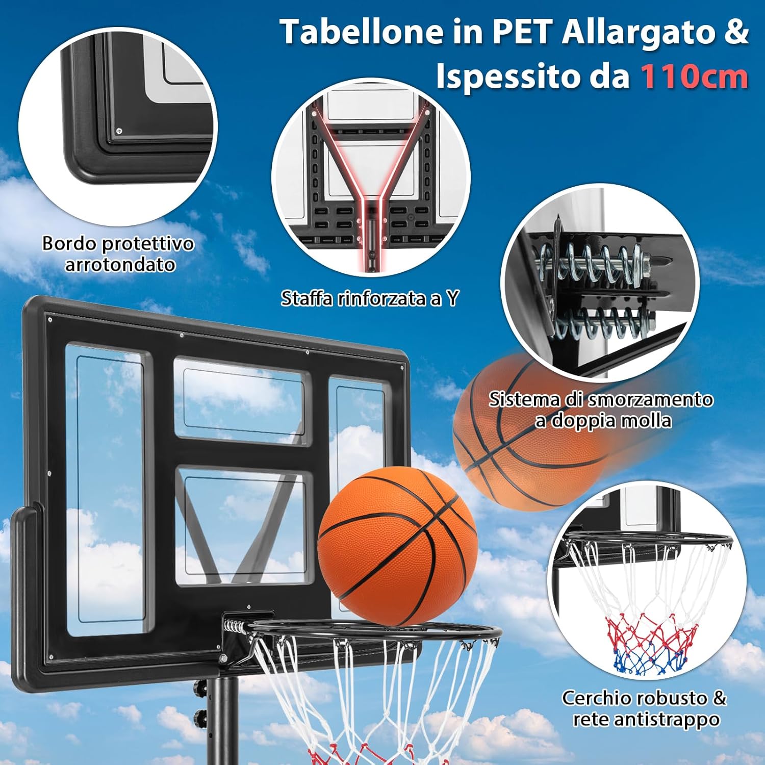 Canestro da Basket Regolabile in Altezza a 11 Livelli, Canestro da Basket Portatile con Tabellone da 110 CM, Base Riempibile e Sacca Peso, Canestro da Basket per Interno ed Esterno