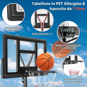 Canestro da Basket Regolabile in Altezza a 11 Livelli, Canestro da Basket Portatile con Tabellone da 110 CM, Base Riempibile e Sacca Peso, Canestro da Basket per Interno ed Esterno