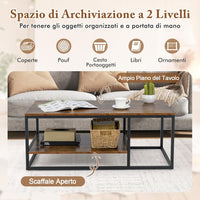 COSTWAY Tavolino da Caffè a 2 Livelli, Tavolino Rettangolare con Mensola e Struttura in Metallo, Tavolino in Legno per Salotto, Ufficio e Studio, Marrone