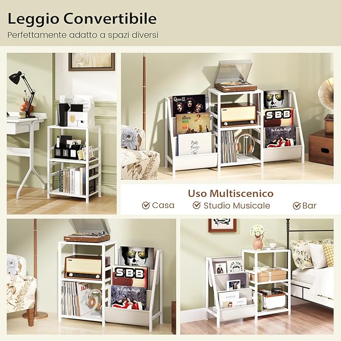 Supporto per Giradischi per Vinili, Porta Giradischi Vinili Fino a 200 Album con 3 Ripiani, 6 Tasche di Archiviazione e Struttura in Metallo, per Casa Studio e Caffè, 125x30x69 cm (Bianco)
