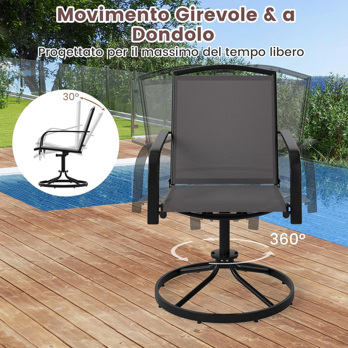 Set di 2 Sedie da Patio Girevoli, Poltrone a Dondolo in Rete a 360° con Schienale Alto e Base Rotonda in Metallo, Sedia a Dondolo Robuste per Giardino Balcone, Portata 150 kg (Grigio)