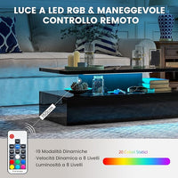 Tavolino da Caffè a LED a 2 Livelli con Colori della Luce Regolabili Velocità e Luminosità e Telecomando, Tavolo da Salotto Rettangolare e Moderno per Soggiorno e Ufficio (Nero)