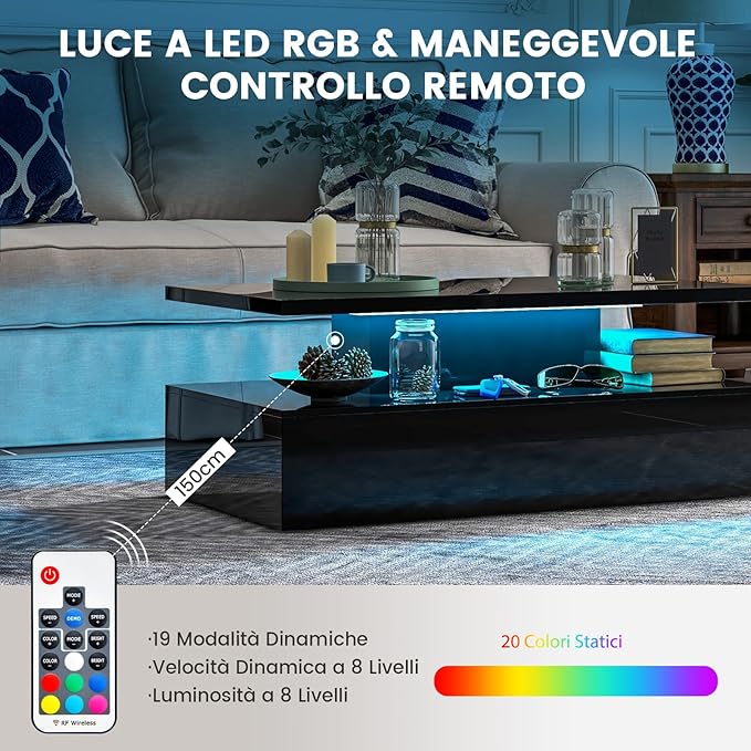 Tavolino da Caffè a LED a 2 Livelli con Colori della Luce Regolabili Velocità e Luminosità e Telecomando, Tavolo da Salotto Rettangolare e Moderno per Soggiorno e Ufficio (Nero)