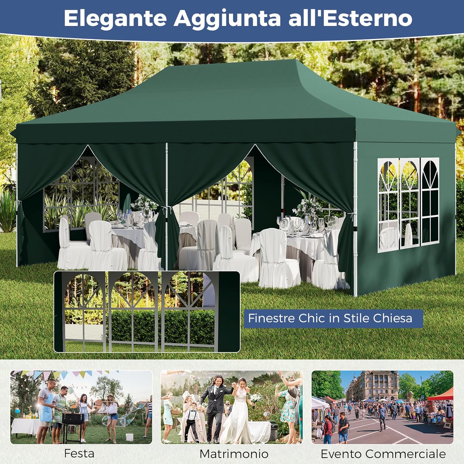 Gazebo da Giardino 3 x 6 m, Tendone per Feste con 6 Pannelli Laterali Rimovibili, con Borsa da Trasporto, Design Pop-up, per Matrimonio Eventi e Barbecue (Verde)