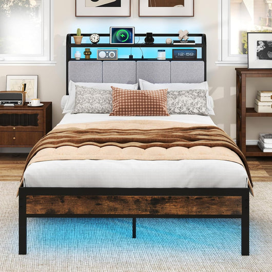 Letto Matrimoniale 220 x 140 cm con Luci LED a Telecomando, Struttura Letto con Stazione d Ricarica, Telaio Letto con Testiera Rivestita in Lino, Capacit¨¤ di 500 kg, Marrone Rustico