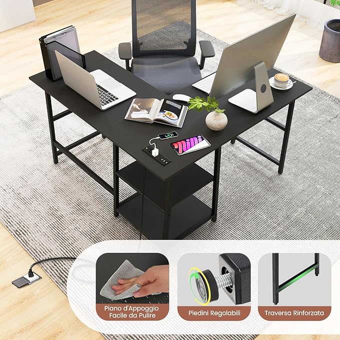 Scrivania Angolare da 120 CM, Scrivania a L per Ufficio a Casa con Prese di Corrente e Porte USB, Postazione di Lavoro con Ripiani per Lavoro, Gaming e Studio (Nero)