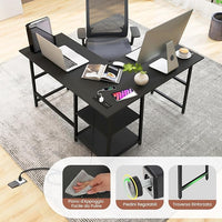 Scrivania Angolare da 120 CM, Scrivania a L per Ufficio a Casa con Prese di Corrente e Porte USB, Postazione di Lavoro con Ripiani per Lavoro, Gaming e Studio (Nero)