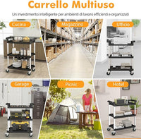 Carrello Portautensili Attrezzi a 3 Livelli, Carrello di Servizio da Officino con Rutoe Bloccabili, Doppie Maniglie e Struttura Robusta in Alluminio, Portata 225kg, per Magazzino e Cucina