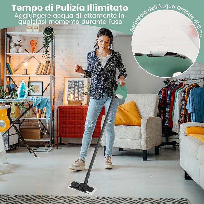 1500W Pulitore a Vapore Portatile, Macchina a Vapore con Serbatoio d'Acqua da 400 ml Blocco per Bambini e Kit di Accessori da 14 Pezzi, 33x13x24,5 cm (Verde)