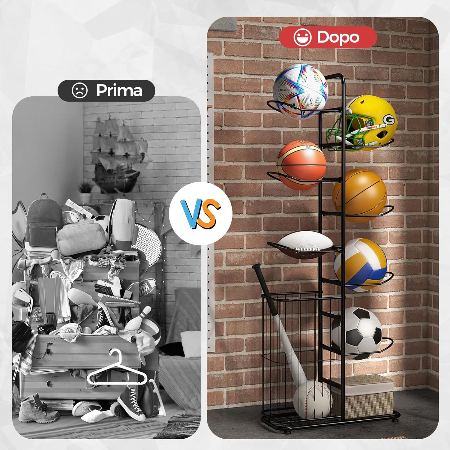 Scaffale Portapalle a 7 Livelli, Porta Pallacanestro in Metallo con 7 Asticelle Rimovibili e Cestino Laterale per Palline, Organizzatore Attrezzature Sportive con Piedini Regolabili