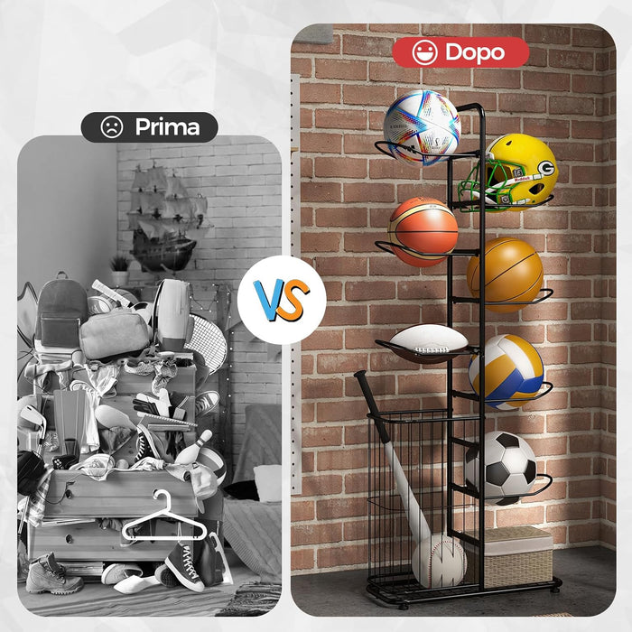 Scaffale Portapalle a 7 Livelli, Porta Pallacanestro in Metallo con 7 Asticelle Rimovibili e Cestino Laterale per Palline, Organizzatore Attrezzature Sportive con Piedini Regolabili