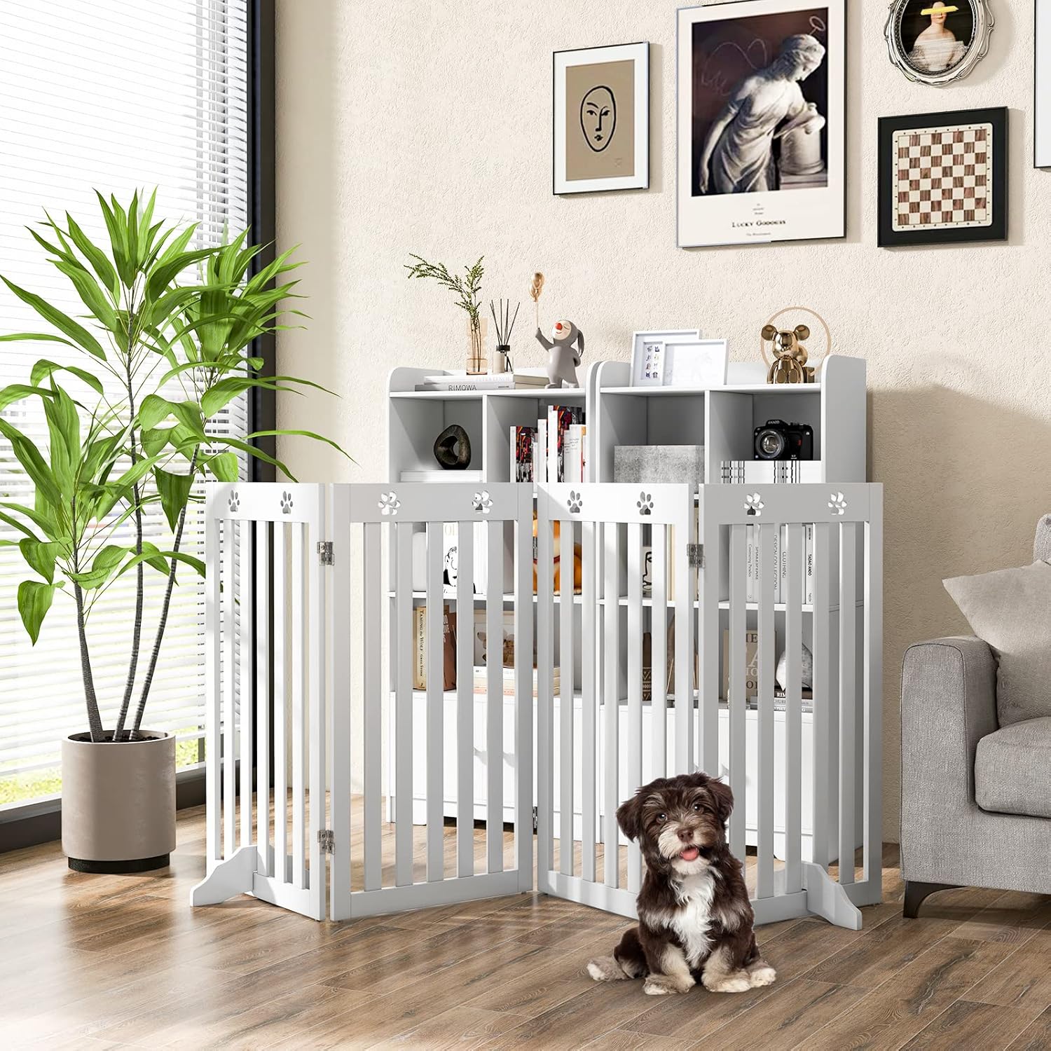 Cancelletto per Cani di Legno Pieghevole, con 3/4 Ante e Cuscinetti Antiscivolo, Ideale per Scale e Porta d'Ingresso, 203 x 89,5 cm (Bianco, 4 Pannelli)