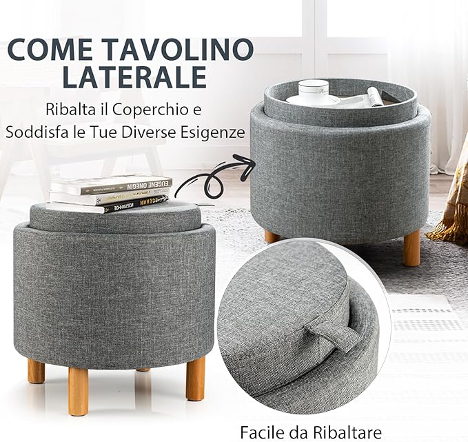 Pouf Rotondo con Contenitore e Vassoio, Poggiapiedi Imbottito con Base in Legno e Piedini Antiscivolo, Tavolino da Caffè per Soggiorno, Camera da Letto (Grigio)