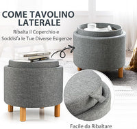Pouf Rotondo con Contenitore e Vassoio, Poggiapiedi Imbottito con Base in Legno e Piedini Antiscivolo, Tavolino da Caffè per Soggiorno, Camera da Letto (Grigio)