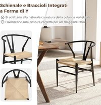 Set di 2 Sedie Sala da Pranzo, Sedie Moderna in Metallo con Seduta Intrecciato, Schienale a Forma di Y e Braccioli, Poltrone per Ufficio, Cucina e Ristorante, 46 x 59 x 73 cm (Nero e Naturale)