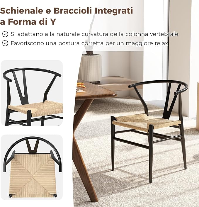 Set di 2 Sedie Sala da Pranzo, Sedie Moderna in Metallo con Seduta Intrecciato, Schienale a Forma di Y e Braccioli, Poltrone per Ufficio, Cucina e Ristorante, 46 x 59 x 73 cm (Nero e Naturale)