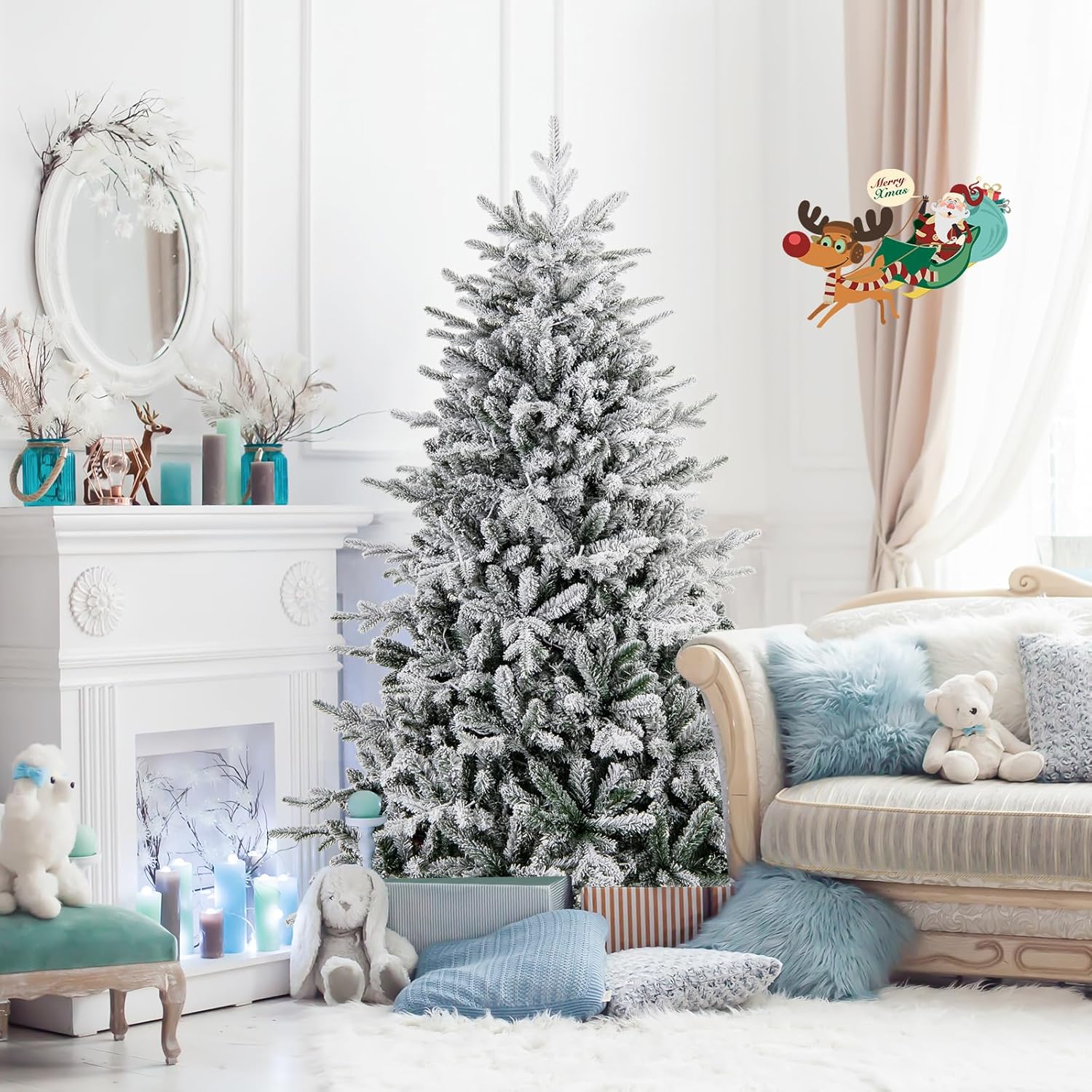 Albero di Natale Artificiale Innevato 147/186/210 CM, Albero di Natale con Cerniera e 8 Modalità luminose, 160/260/350 Luci LED Multicolori e 436/820 /1164 Punte di Ramo in PVC e PE (186 CM)