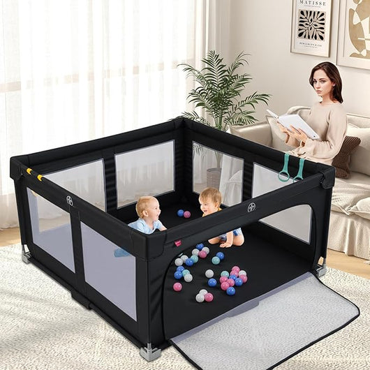 Box per Bambini 150 x 150 cm, Recinto per Bambini Pieghevole in Tessuto Oxford con Rete Traspirante, Box con Giochi che Include 50 Palline, 4 Pezzi Anelli e Borsa (Nero, 150 x 150 cm)