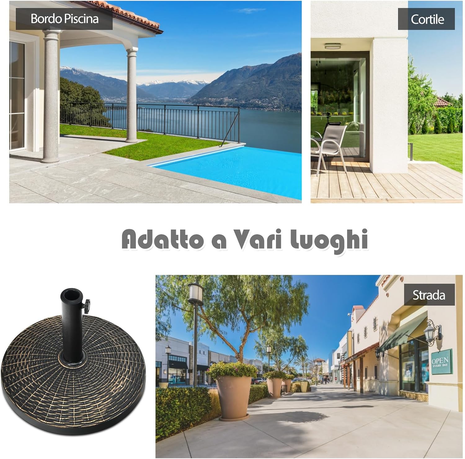 Base per Ombrellone da Giardino, Supporto per Ombrellone da Patio Rotondo da 12 kg, con Pomello Regolabile, Base per Ombrellone da 38/48 mm, per Giardino, Patio