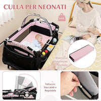 4 in 1 Lettino da Campeggio con Fasciatoio, Lettino Pieghevole per Bambini con Materasso, Centro Neonati con Culla, Box Musicale, Cappottina Regolabile, Borsa da Viaggio (Fiore Grande)
