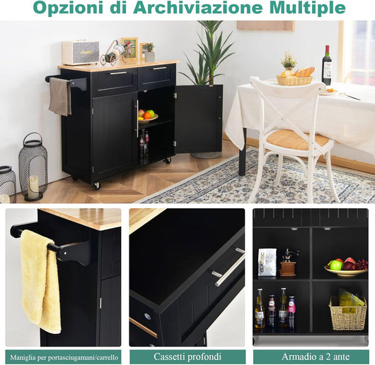 Carrello da Cucina, Isola da Cucina con Cassetti Portaoggetti e Armadietti, Ruote Universali e Portasciugamani, Ideale per Casa Ristorante Bar (Nero)