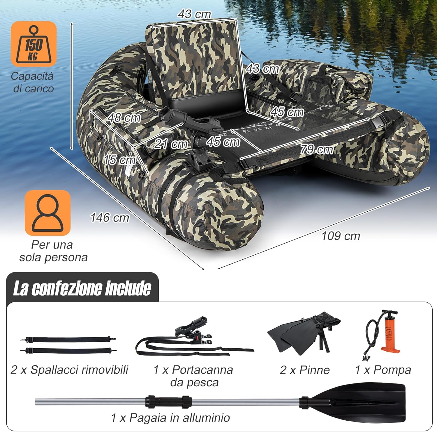 Gommone Gonfiabile da Pesca, Barca da Pesca Portatile con 2 Pinne, Pagaia in Alluminio, Pompa, Spallacci Regolabili e Kit di Riparazione, Schienale Regolabile, capacità di Carico 150kg