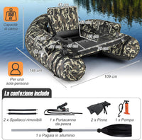 Gommone Gonfiabile da Pesca, Barca da Pesca Portatile con 2 Pinne, Pagaia in Alluminio, Pompa, Spallacci Regolabili e Kit di Riparazione, Schienale Regolabile, capacità di Carico 150kg