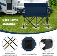 Sedia da Campeggio Doppia, Poltrona Pieghevole per 2 Persone con Portabicchieri, Borsa per il Trasporto, Sedia da Giardino Portatile per Spiaggia, Picnic, Pesca, Portata 300 kg (Blu)