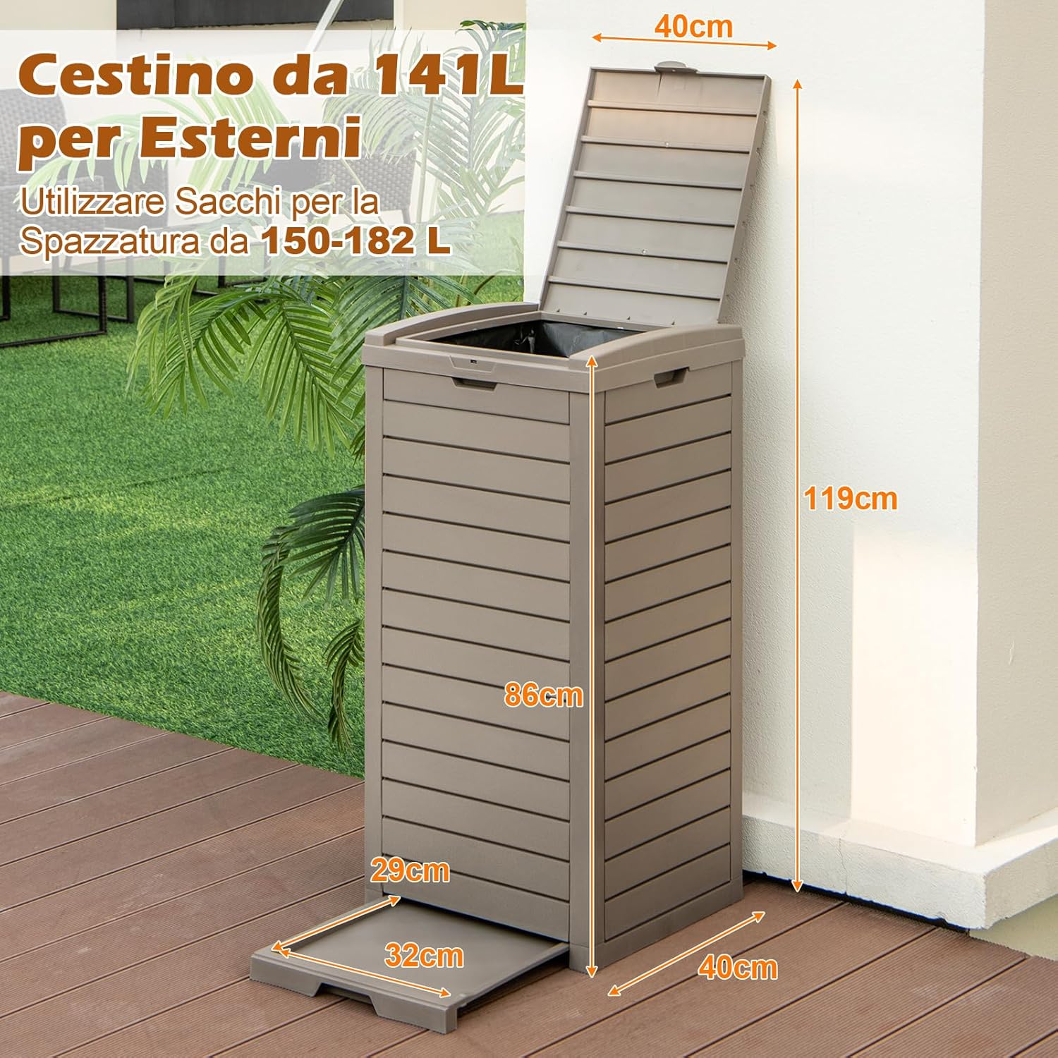 Pattumiera per Rifiuti Esterno e Interno 117,5 L, Contenitore per Raccolta Differenziata Impermeabile con Coperchio a Doppia Chiusura e Vassoio Estraibile per Liquidi (Marrone)